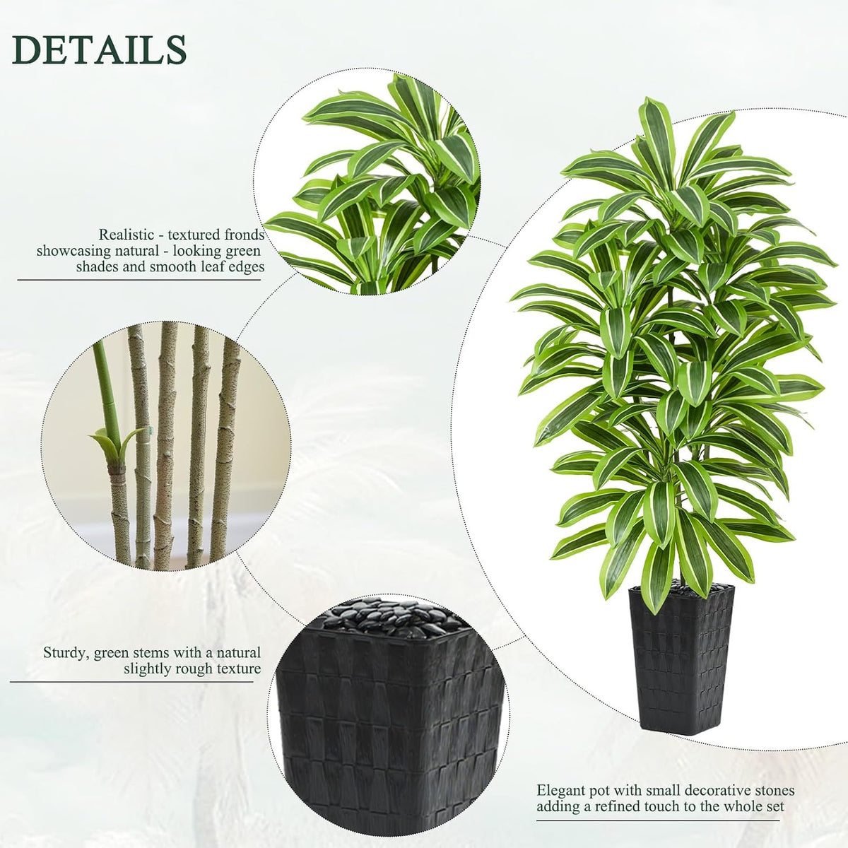 Artificial Dracaena Tree Indoor, 6FT Tall Fake Floor Plants with White Planter & Pebbles, Faux Silk Yucca Tree for Home Office Living Room Bedroom Farmhouse Modern Outdoor Topiary Tree
