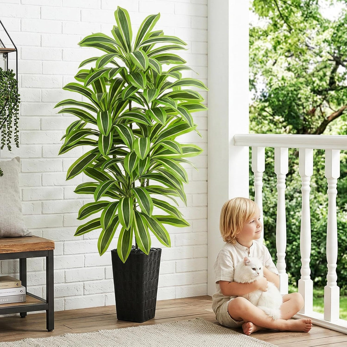 Artificial Dracaena Tree Indoor, 6FT Tall Fake Floor Plants with White Planter & Pebbles, Faux Silk Yucca Tree for Home Office Living Room Bedroom Farmhouse Modern Outdoor Topiary Tree