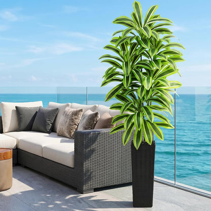 Artificial Dracaena Tree Indoor, 6FT Tall Fake Floor Plants with White Planter & Pebbles, Faux Silk Yucca Tree for Home Office Living Room Bedroom Farmhouse Modern Outdoor Topiary Tree