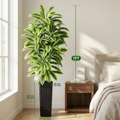 Artificial Dracaena Tree Indoor, 6FT Tall Fake Floor Plants with White Planter & Pebbles, Faux Silk Yucca Tree for Home Office Living Room Bedroom Farmhouse Modern Outdoor Topiary Tree