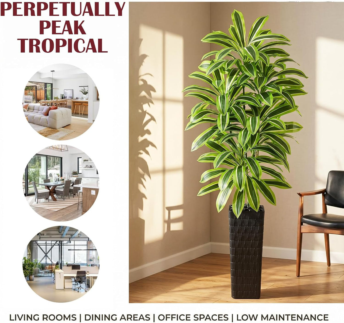 Artificial Dracaena Tree Indoor, 6FT Tall Fake Floor Plants with White Planter & Pebbles, Faux Silk Yucca Tree for Home Office Living Room Bedroom Farmhouse Modern Outdoor Topiary Tree