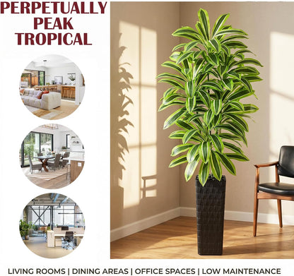 Artificial Dracaena Tree Indoor, 6FT Tall Fake Floor Plants with White Planter & Pebbles, Faux Silk Yucca Tree for Home Office Living Room Bedroom Farmhouse Modern Outdoor Topiary Tree