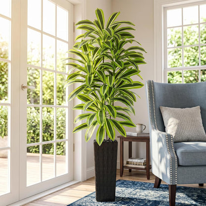 Artificial Dracaena Tree Indoor, 6FT Tall Fake Floor Plants with White Planter & Pebbles, Faux Silk Yucca Tree for Home Office Living Room Bedroom Farmhouse Modern Outdoor Topiary Tree