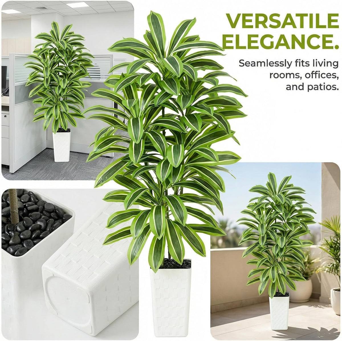 Artificial Dracaena Tree Indoor, 6FT Tall Fake Floor Plants with White Planter & Pebbles, Faux Silk Yucca Tree for Home Office Living Room Bedroom Farmhouse Modern Outdoor Topiary Tree