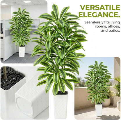 Artificial Dracaena Tree Indoor, 6FT Tall Fake Floor Plants with White Planter & Pebbles, Faux Silk Yucca Tree for Home Office Living Room Bedroom Farmhouse Modern Outdoor Topiary Tree