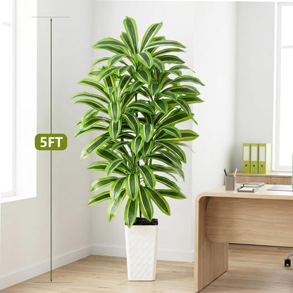 Artificial Dracaena Tree Indoor, 6FT Tall Fake Floor Plants with White Planter & Pebbles, Faux Silk Yucca Tree for Home Office Living Room Bedroom Farmhouse Modern Outdoor Topiary Tree