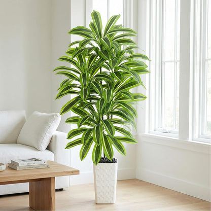 Artificial Dracaena Tree Indoor, 6FT Tall Fake Floor Plants with White Planter & Pebbles, Faux Silk Yucca Tree for Home Office Living Room Bedroom Farmhouse Modern Outdoor Topiary Tree