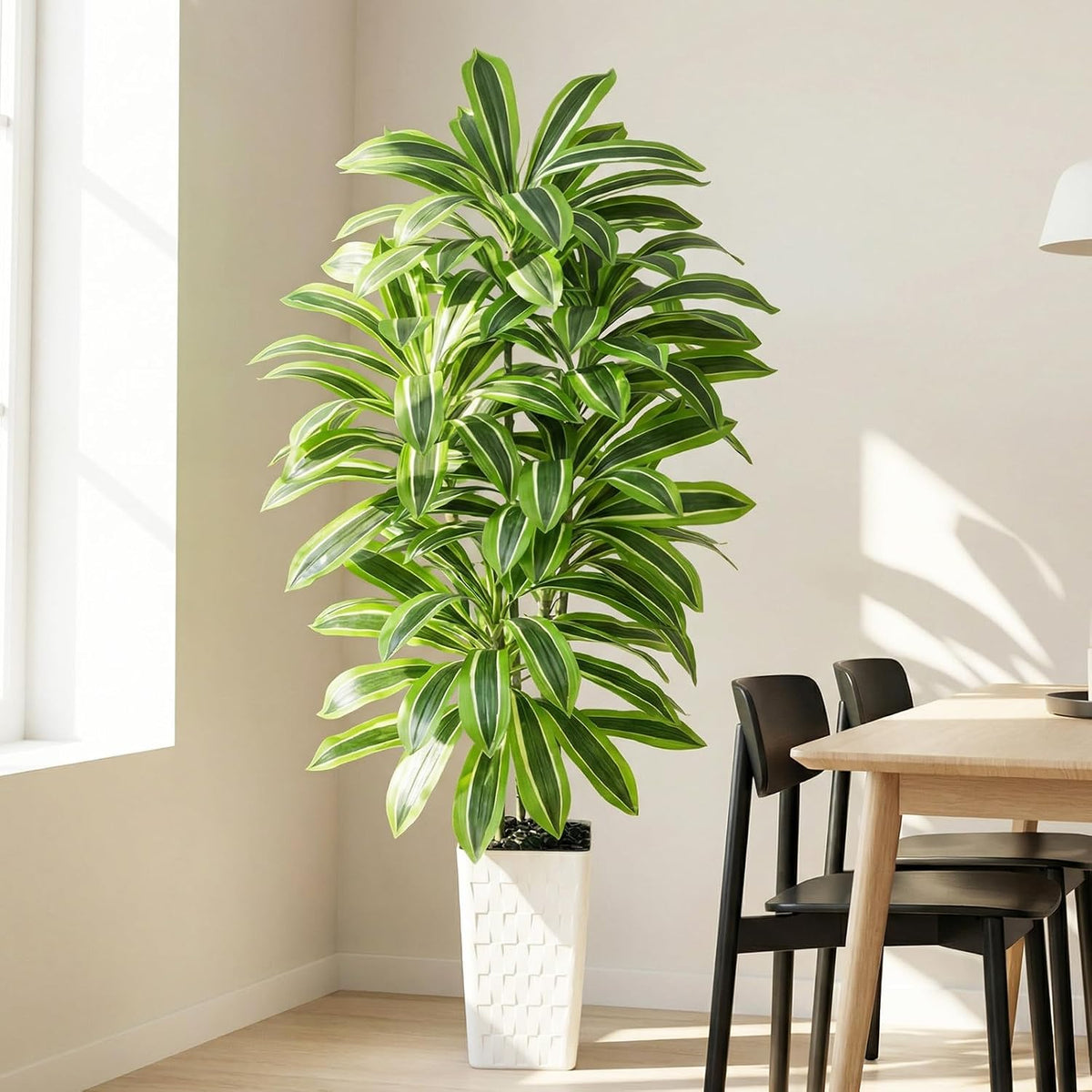 Artificial Dracaena Tree Indoor, 6FT Tall Fake Floor Plants with White Planter & Pebbles, Faux Silk Yucca Tree for Home Office Living Room Bedroom Farmhouse Modern Outdoor Topiary Tree