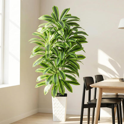 Artificial Dracaena Tree Indoor, 6FT Tall Fake Floor Plants with White Planter & Pebbles, Faux Silk Yucca Tree for Home Office Living Room Bedroom Farmhouse Modern Outdoor Topiary Tree