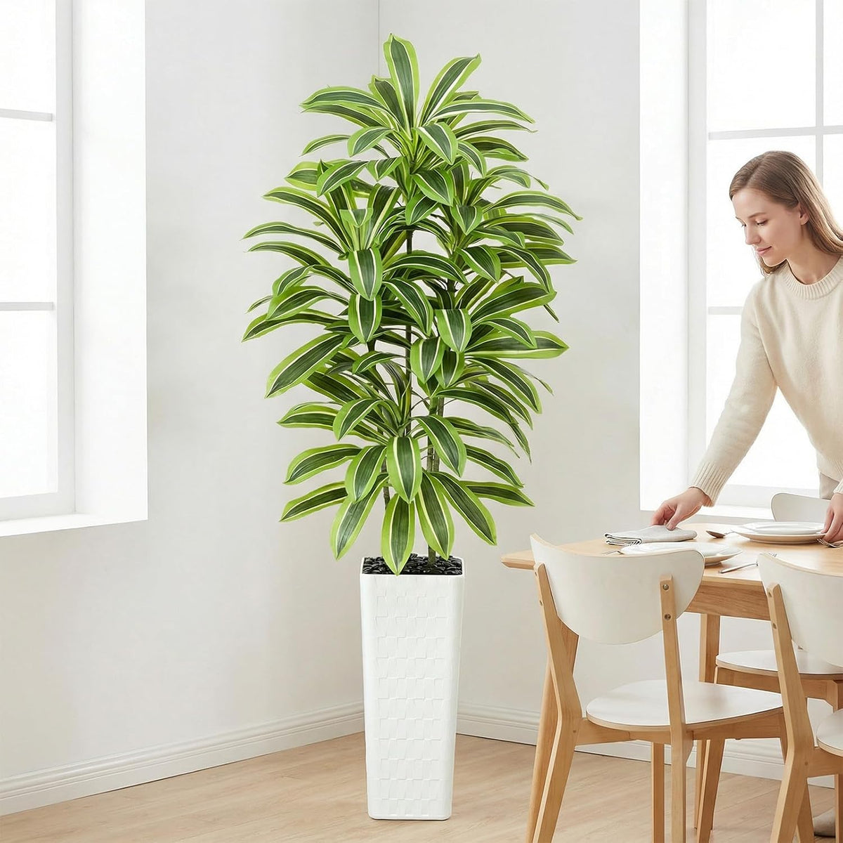 Artificial Dracaena Tree Indoor, 6FT Tall Fake Floor Plants with White Planter & Pebbles, Faux Silk Yucca Tree for Home Office Living Room Bedroom Farmhouse Modern Outdoor Topiary Tree