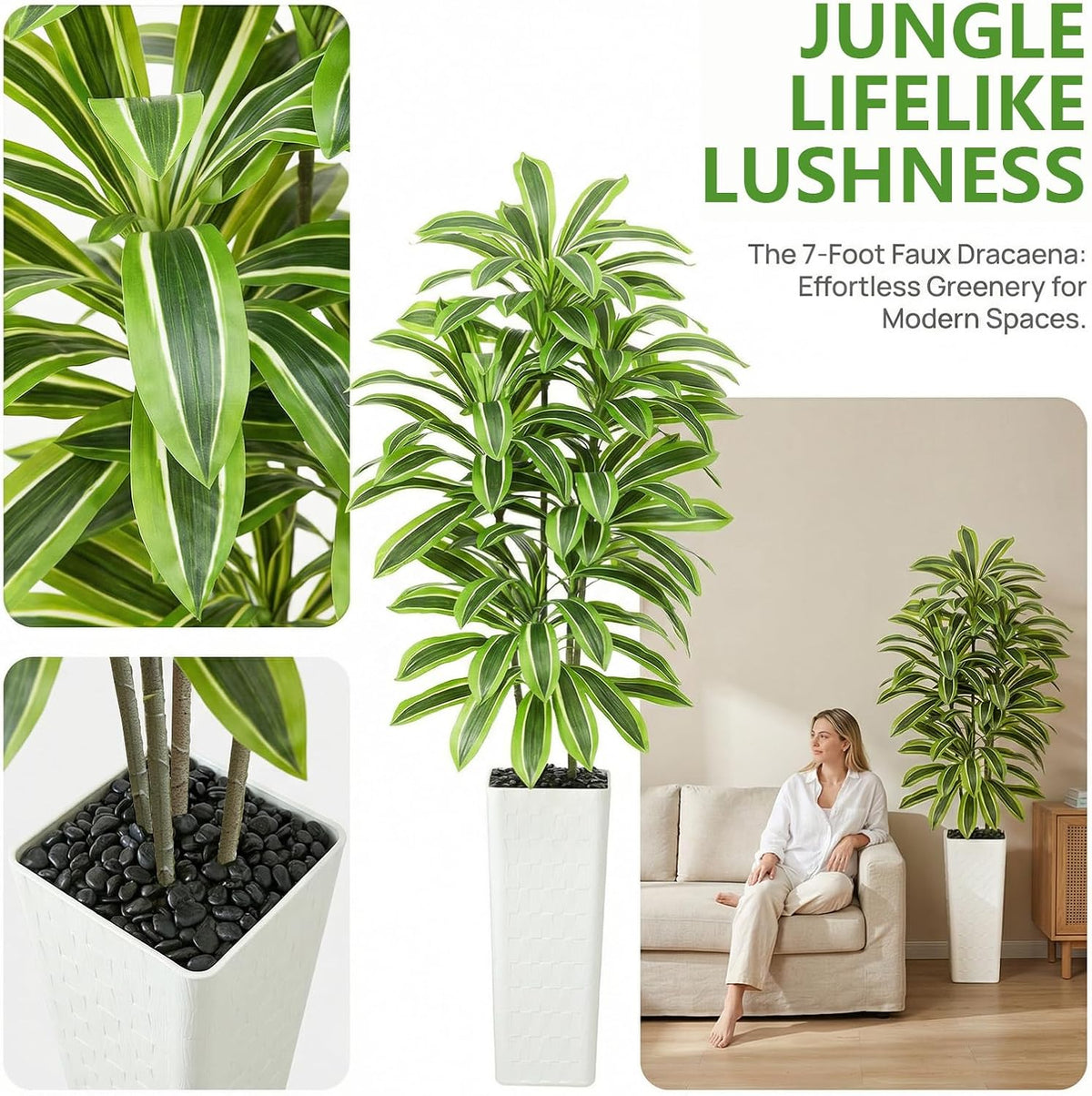 Artificial Dracaena Tree Indoor, 6FT Tall Fake Floor Plants with White Planter & Pebbles, Faux Silk Yucca Tree for Home Office Living Room Bedroom Farmhouse Modern Outdoor Topiary Tree