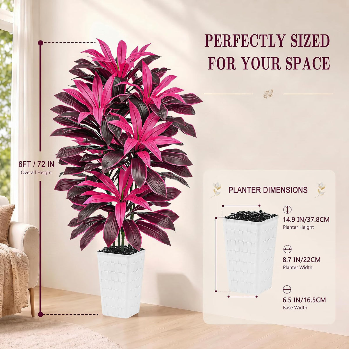 Artificial Dracaena Tree Indoor, 6FT Tall Fake Floor Plants with White Planter & Pebbles, Faux Silk Yucca Tree for Home Office Living Room Bedroom Farmhouse Modern Outdoor Topiary Tree