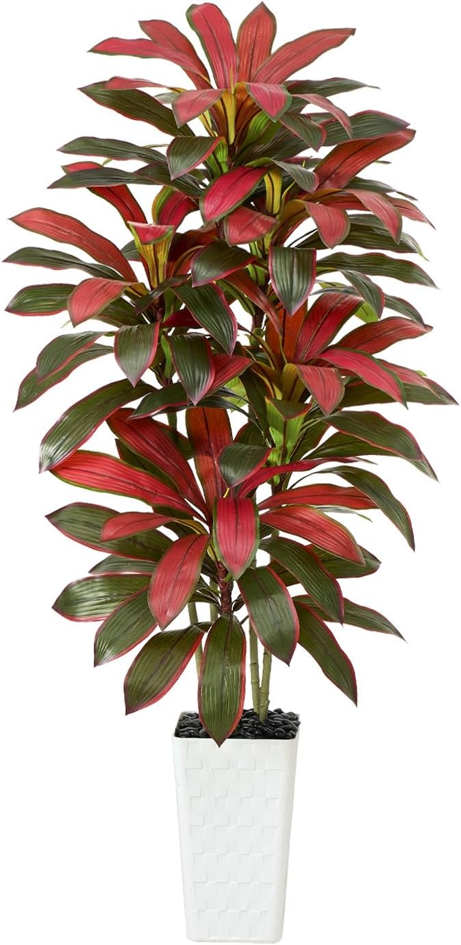 Artificial Dracaena Tree Indoor, 6FT Tall Fake Floor Plants with White Planter & Pebbles, Faux Silk Yucca Tree for Home Office Living Room Bedroom Farmhouse Modern Outdoor Topiary Tree