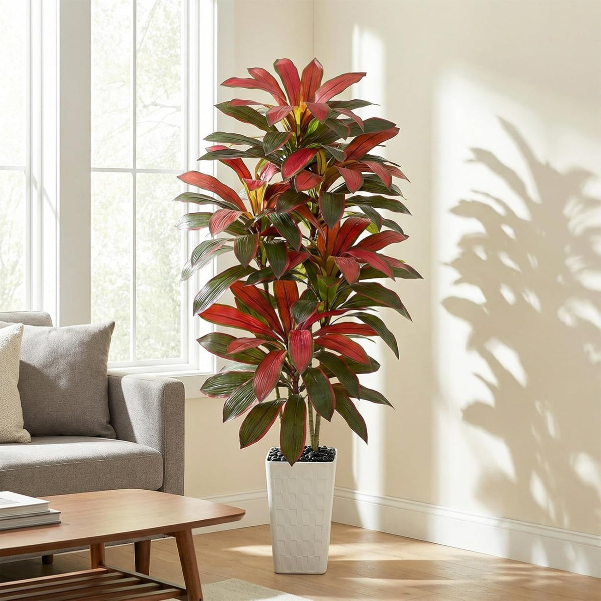 Artificial Dracaena Tree Indoor, 6FT Tall Fake Floor Plants with White Planter & Pebbles, Faux Silk Yucca Tree for Home Office Living Room Bedroom Farmhouse Modern Outdoor Topiary Tree