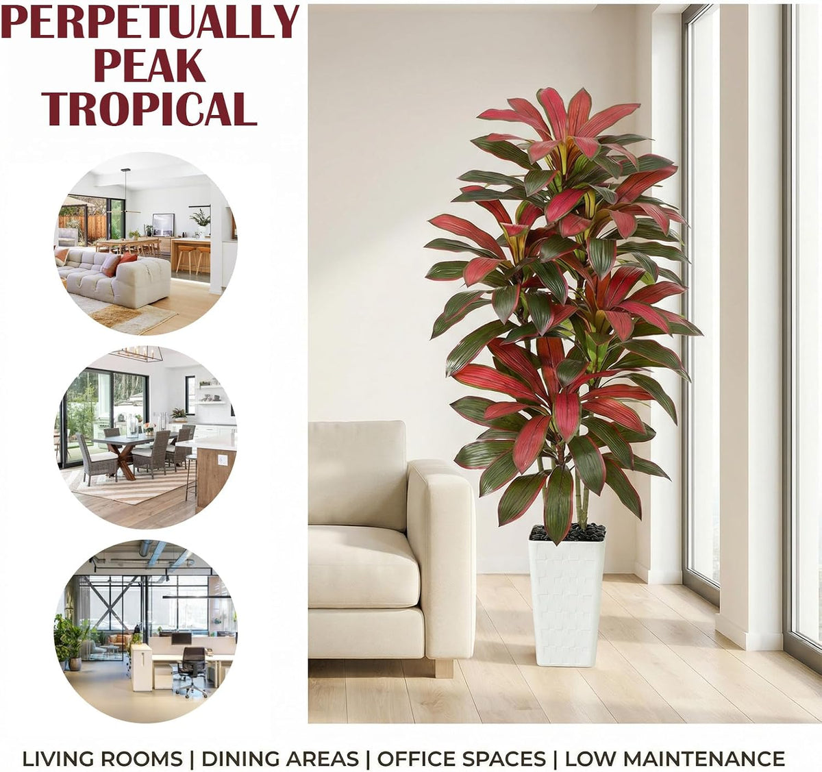 Artificial Dracaena Tree Indoor, 6FT Tall Fake Floor Plants with White Planter & Pebbles, Faux Silk Yucca Tree for Home Office Living Room Bedroom Farmhouse Modern Outdoor Topiary Tree