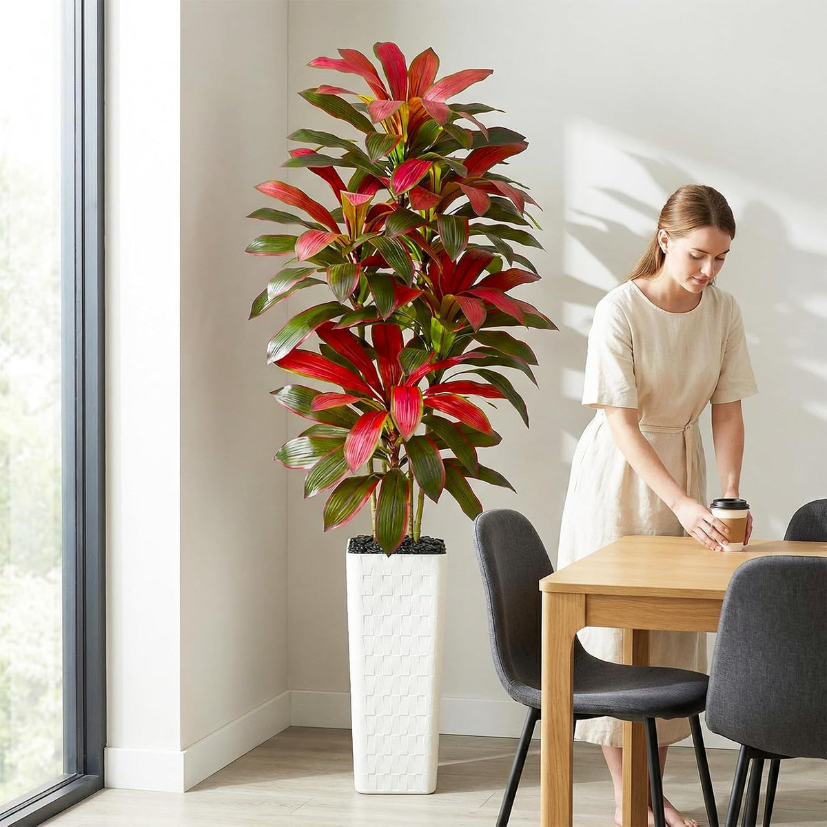 Artificial Dracaena Tree Indoor, 6FT Tall Fake Floor Plants with White Planter & Pebbles, Faux Silk Yucca Tree for Home Office Living Room Bedroom Farmhouse Modern Outdoor Topiary Tree