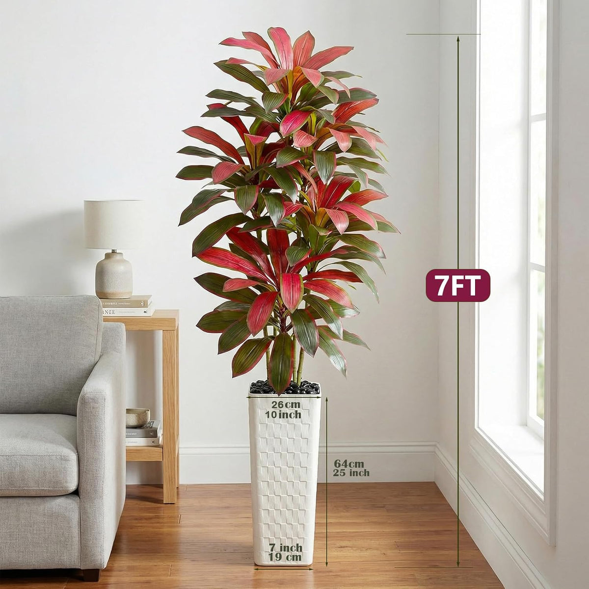 Artificial Dracaena Tree Indoor, 6FT Tall Fake Floor Plants with White Planter & Pebbles, Faux Silk Yucca Tree for Home Office Living Room Bedroom Farmhouse Modern Outdoor Topiary Tree
