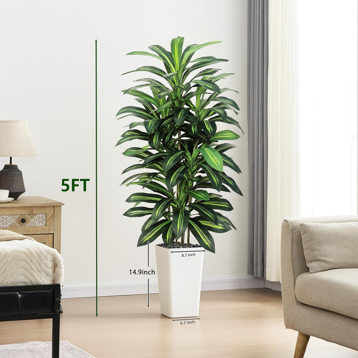 Artificial Dracaena Tree Indoor, 6FT Tall Fake Floor Plants with White Planter & Pebbles, Faux Silk Yucca Tree for Home Office Living Room Bedroom Farmhouse Modern Outdoor Topiary Tree