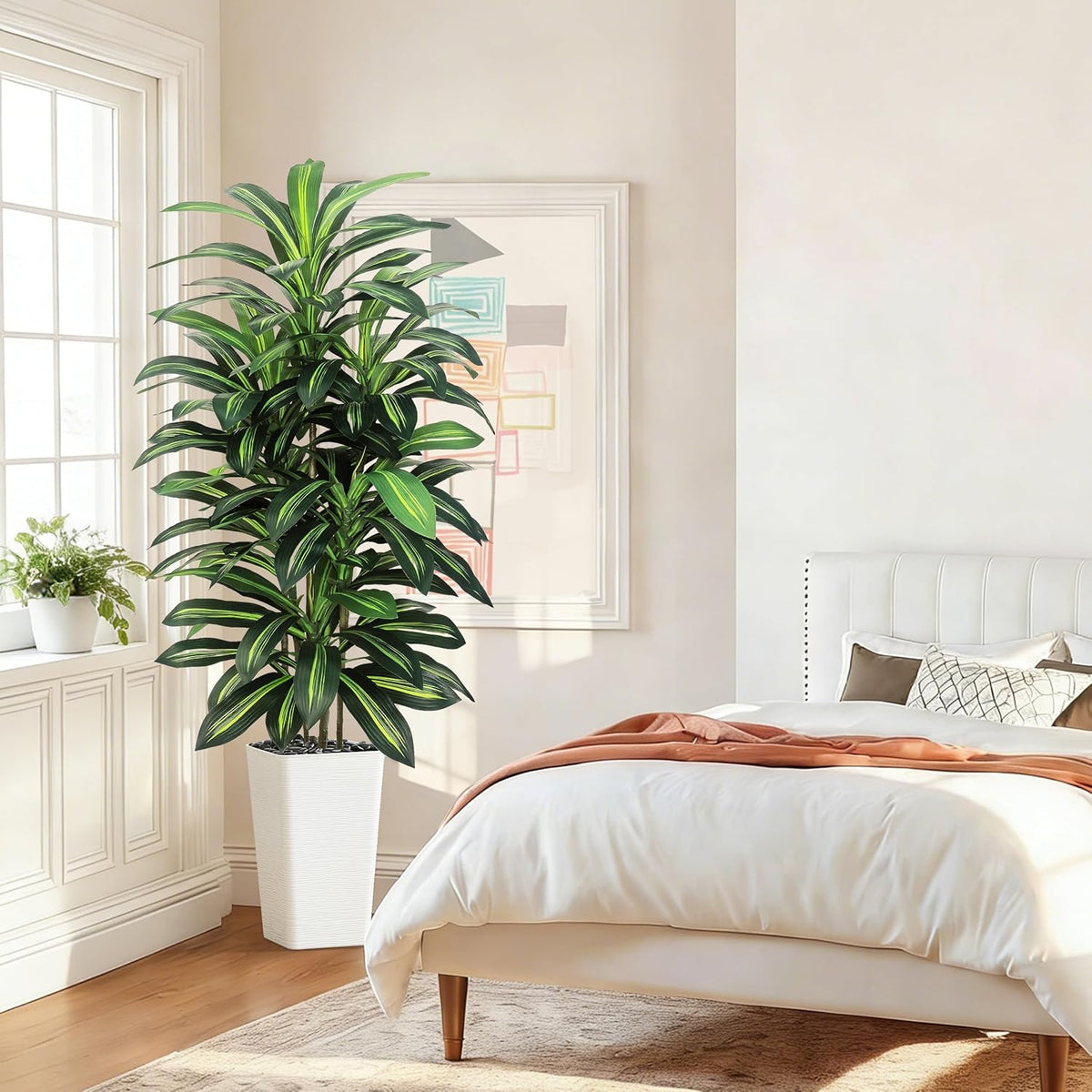 Artificial Dracaena Tree Indoor, 6FT Tall Fake Floor Plants with White Planter & Pebbles, Faux Silk Yucca Tree for Home Office Living Room Bedroom Farmhouse Modern Outdoor Topiary Tree