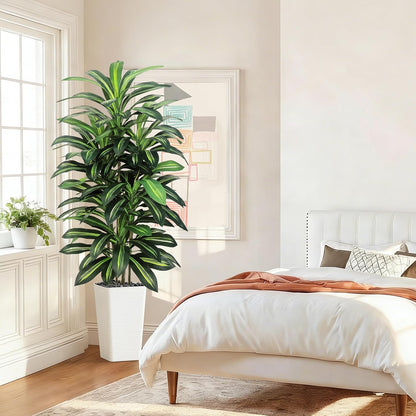 Artificial Dracaena Tree Indoor, 6FT Tall Fake Floor Plants with White Planter & Pebbles, Faux Silk Yucca Tree for Home Office Living Room Bedroom Farmhouse Modern Outdoor Topiary Tree
