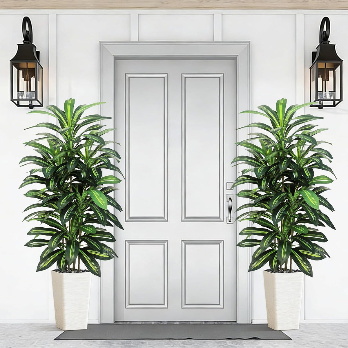 Artificial Dracaena Tree Indoor, 6FT Tall Fake Floor Plants with White Planter & Pebbles, Faux Silk Yucca Tree for Home Office Living Room Bedroom Farmhouse Modern Outdoor Topiary Tree
