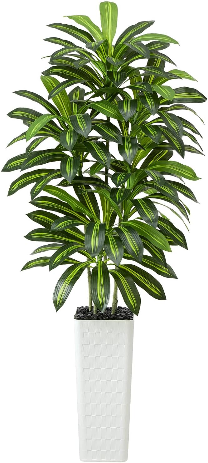 Artificial Dracaena Tree Indoor, 6FT Tall Fake Floor Plants with White Planter & Pebbles, Faux Silk Yucca Tree for Home Office Living Room Bedroom Farmhouse Modern Outdoor Topiary Tree