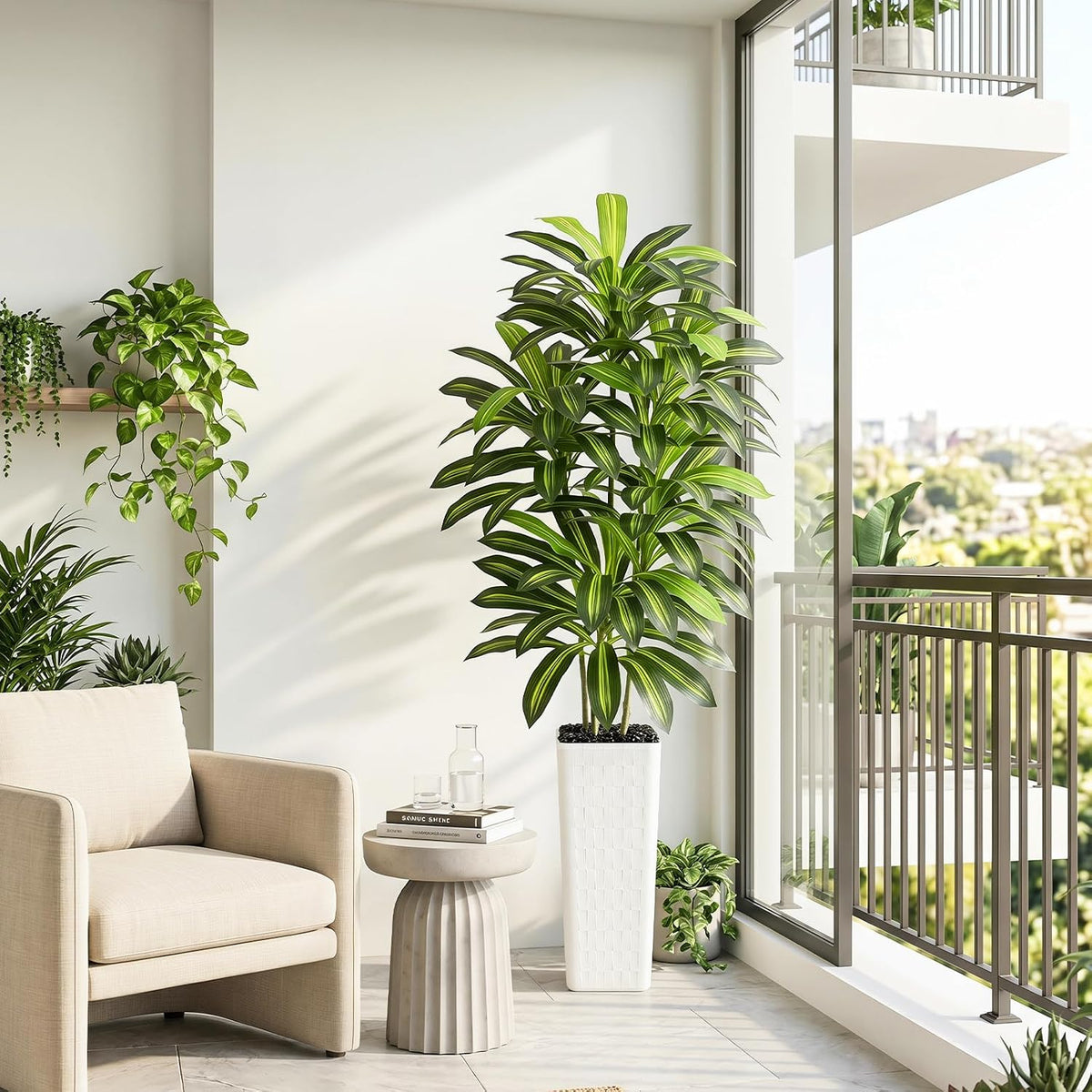 Artificial Dracaena Tree Indoor, 6FT Tall Fake Floor Plants with White Planter & Pebbles, Faux Silk Yucca Tree for Home Office Living Room Bedroom Farmhouse Modern Outdoor Topiary Tree