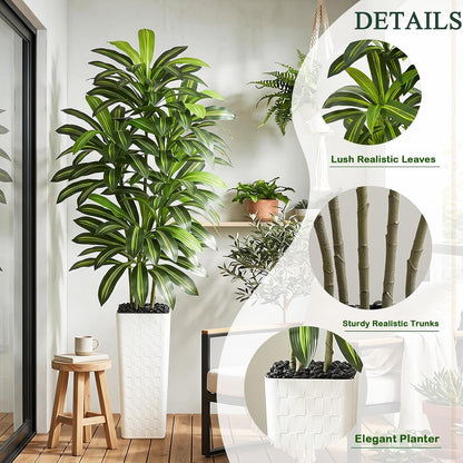 Artificial Dracaena Tree Indoor, 6FT Tall Fake Floor Plants with White Planter & Pebbles, Faux Silk Yucca Tree for Home Office Living Room Bedroom Farmhouse Modern Outdoor Topiary Tree