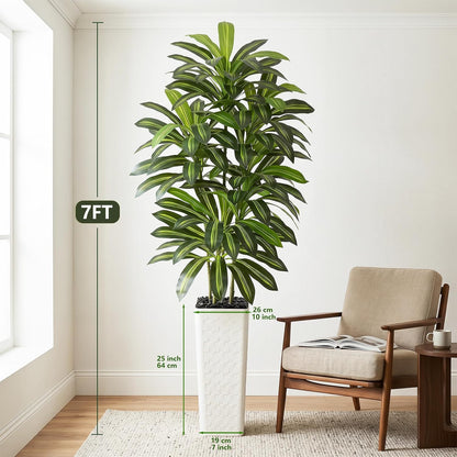 Artificial Dracaena Tree Indoor, 6FT Tall Fake Floor Plants with White Planter & Pebbles, Faux Silk Yucca Tree for Home Office Living Room Bedroom Farmhouse Modern Outdoor Topiary Tree