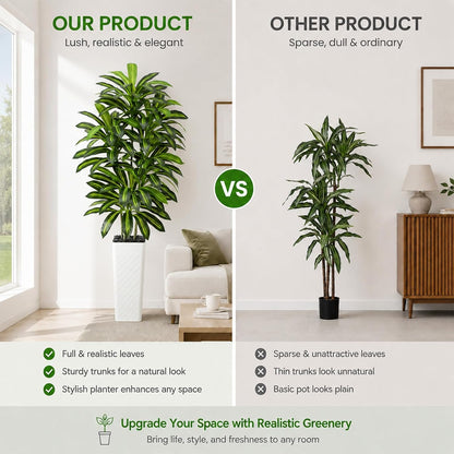 Artificial Dracaena Tree Indoor, 6FT Tall Fake Floor Plants with White Planter & Pebbles, Faux Silk Yucca Tree for Home Office Living Room Bedroom Farmhouse Modern Outdoor Topiary Tree