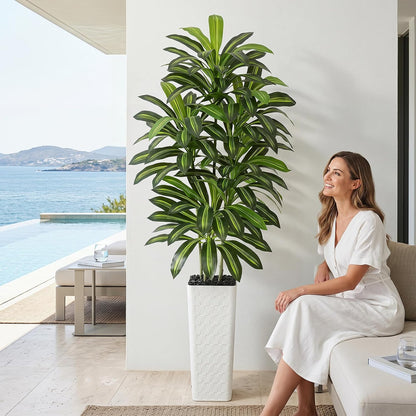 Artificial Dracaena Tree Indoor, 6FT Tall Fake Floor Plants with White Planter & Pebbles, Faux Silk Yucca Tree for Home Office Living Room Bedroom Farmhouse Modern Outdoor Topiary Tree