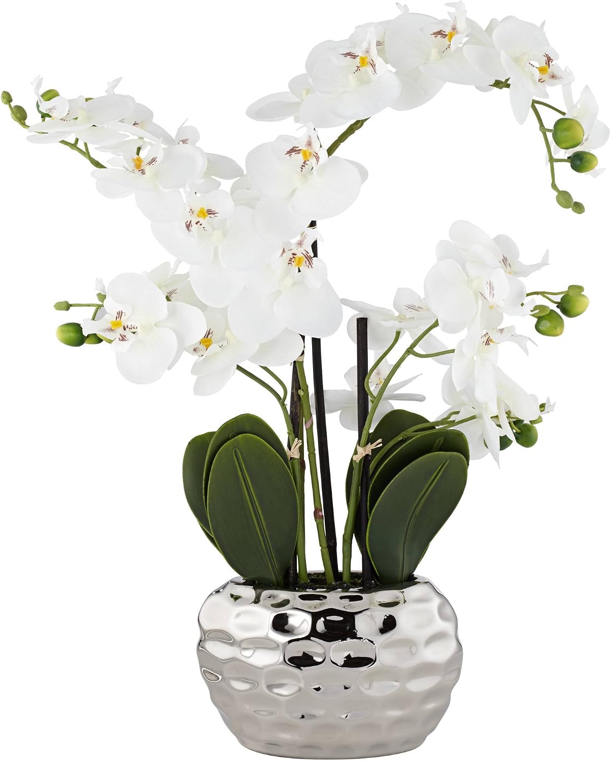 Potted Faux Artificial Flowers Arrangements Realistic White Phalaenopsis Orchid in Silver Pot Home Decoration Living Room Office Bedroom Bathroom Kitchen Dining Room 23" High