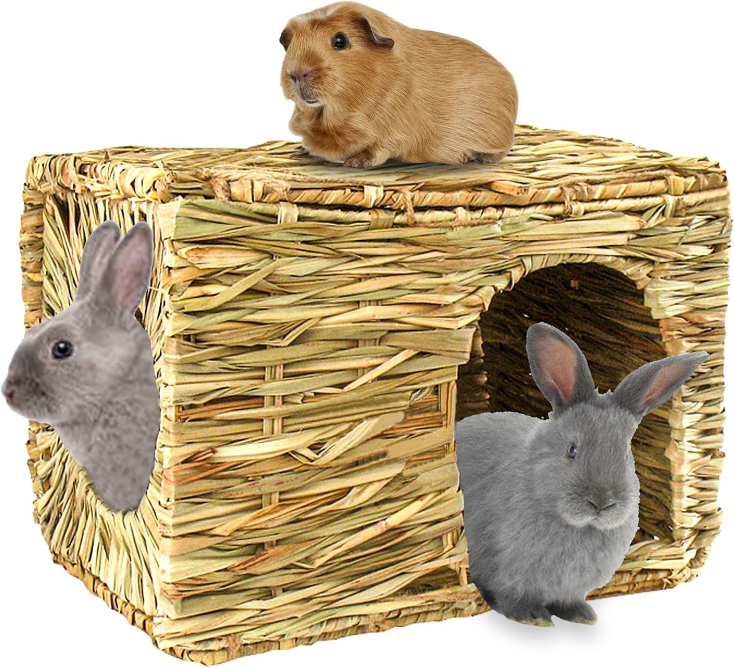 Extra Large Grass House for Rabbit, Foldable & Comfortable - Small Animal Hut Play Hideaway Bed Hay Mat Chew Toy for Bunny Guinea Pig Hamster Chinchilla (2 Pack)