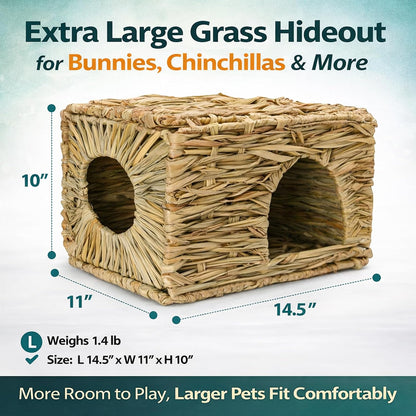 Extra Large Grass House for Rabbit, Foldable & Comfortable - Small Animal Hut Play Hideaway Bed Hay Mat Chew Toy for Bunny Guinea Pig Hamster Chinchilla (2 Pack)