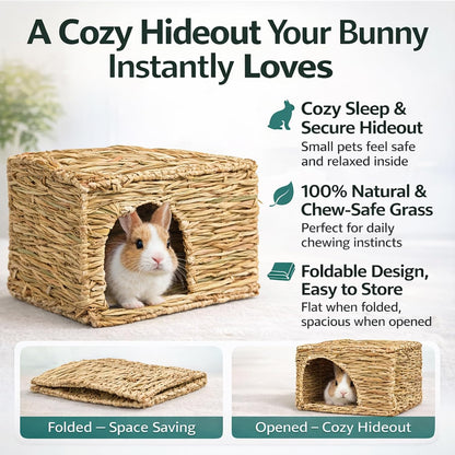 Extra Large Grass House for Rabbit, Foldable & Comfortable - Small Animal Hut Play Hideaway Bed Hay Mat Chew Toy for Bunny Guinea Pig Hamster Chinchilla (2 Pack)