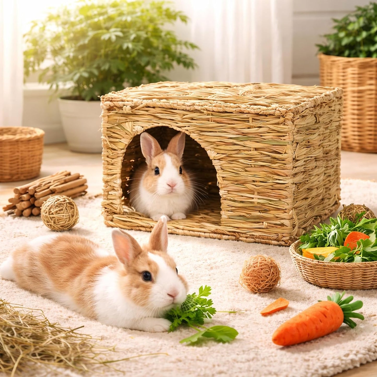 Extra Large Grass House for Rabbit, Foldable & Comfortable - Small Animal Hut Play Hideaway Bed Hay Mat Chew Toy for Bunny Guinea Pig Hamster Chinchilla (2 Pack)