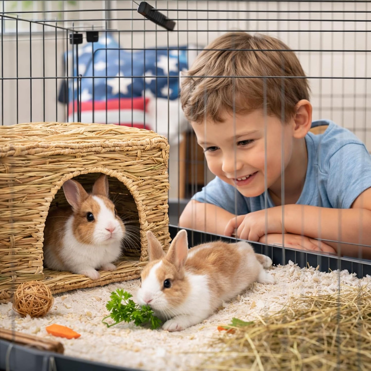 Extra Large Grass House for Rabbit, Foldable & Comfortable - Small Animal Hut Play Hideaway Bed Hay Mat Chew Toy for Bunny Guinea Pig Hamster Chinchilla (2 Pack)