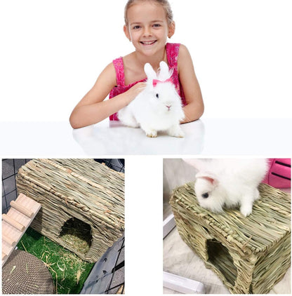 Extra Large Grass House for Rabbit, Foldable & Comfortable - Small Animal Hut Play Hideaway Bed Hay Mat Chew Toy for Bunny Guinea Pig Hamster Chinchilla (2 Pack)