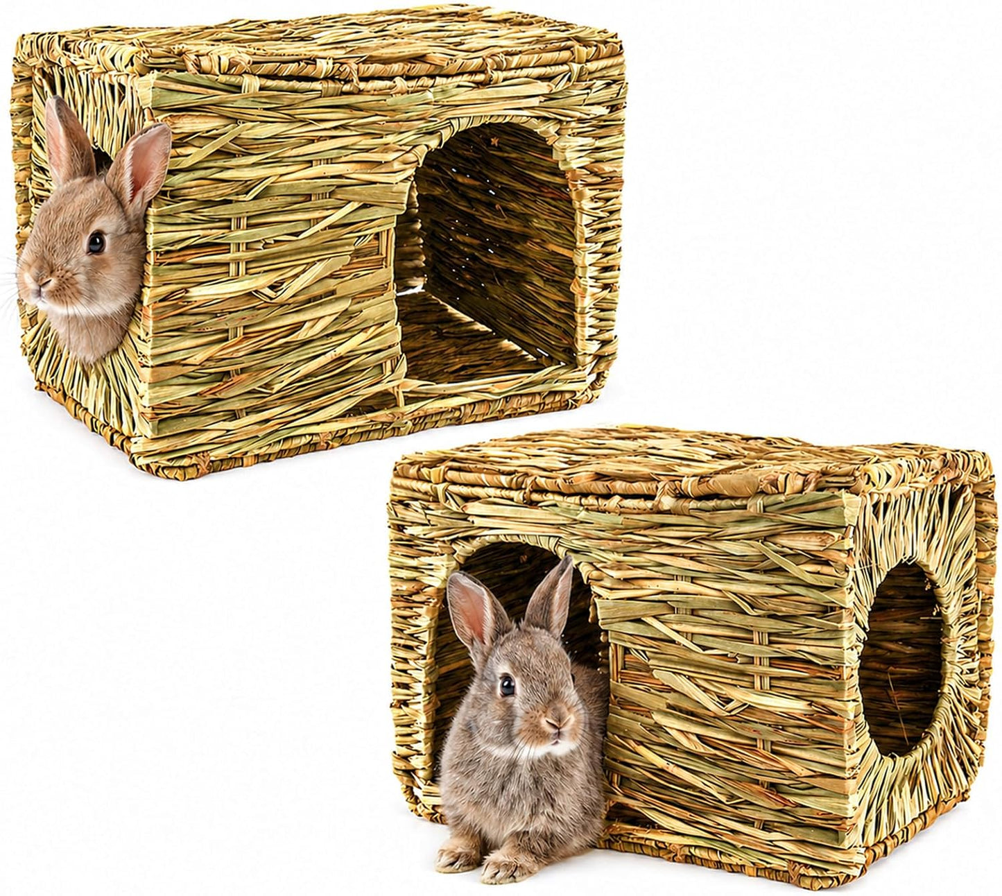 Extra Large Grass House for Rabbit, Foldable & Comfortable - Small Animal Hut Play Hideaway Bed Hay Mat Chew Toy for Bunny Guinea Pig Hamster Chinchilla (2 Pack)