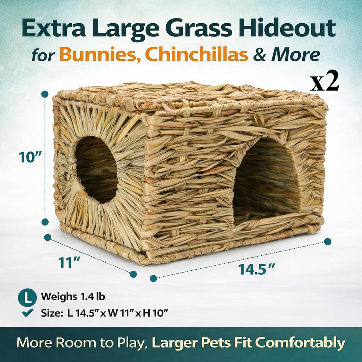 Extra Large Grass House for Rabbit, Foldable & Comfortable - Small Animal Hut Play Hideaway Bed Hay Mat Chew Toy for Bunny Guinea Pig Hamster Chinchilla (2 Pack)
