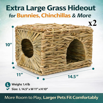 Extra Large Grass House for Rabbit, Foldable & Comfortable - Small Animal Hut Play Hideaway Bed Hay Mat Chew Toy for Bunny Guinea Pig Hamster Chinchilla (2 Pack)