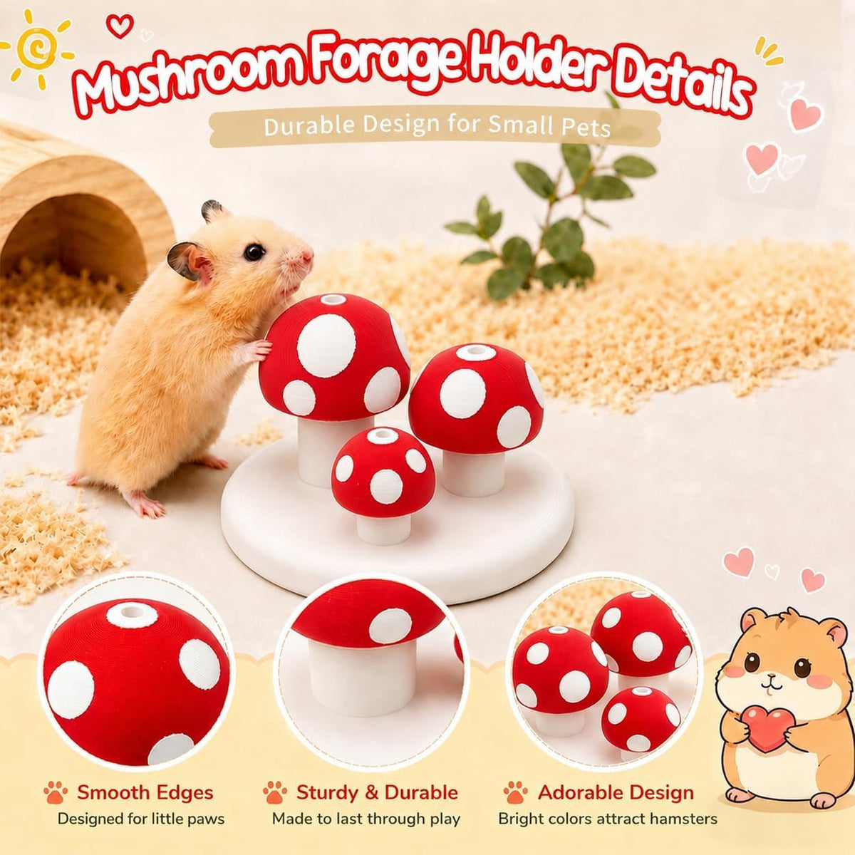 Hamster Sprays Holder, Hamster Cage Sprays Flower Foraging Mushroom Holder, Hamster Enrichment Toys, Hamster Cage Accessories for Gerbil, Ferret, Chinchilla, Guinea Pig