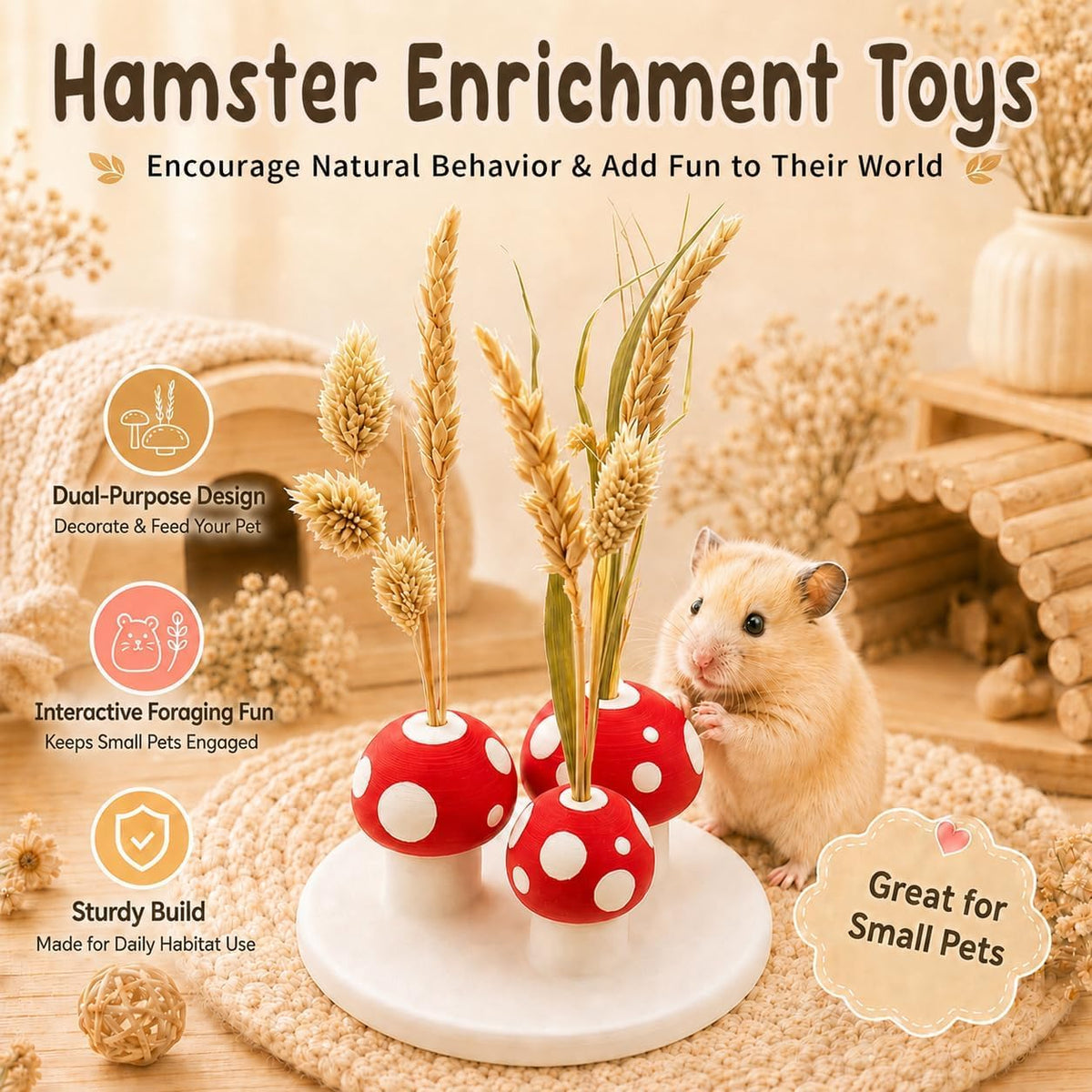 Hamster Sprays Holder, Hamster Cage Sprays Flower Foraging Mushroom Holder, Hamster Enrichment Toys, Hamster Cage Accessories for Gerbil, Ferret, Chinchilla, Guinea Pig