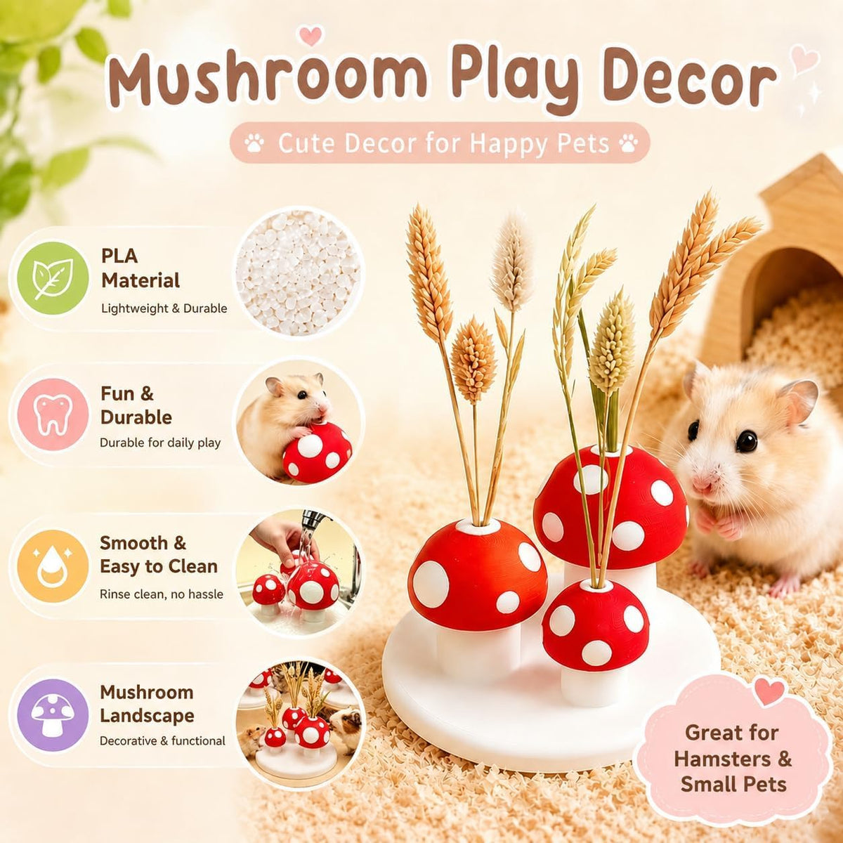 Hamster Sprays Holder, Hamster Cage Sprays Flower Foraging Mushroom Holder, Hamster Enrichment Toys, Hamster Cage Accessories for Gerbil, Ferret, Chinchilla, Guinea Pig