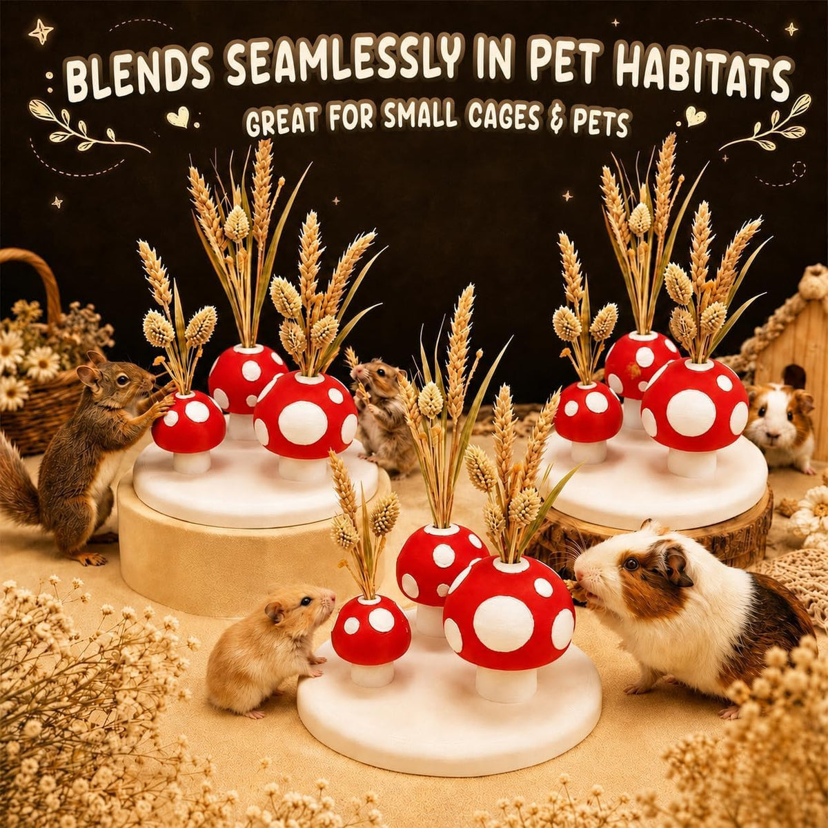 Hamster Sprays Holder, Hamster Cage Sprays Flower Foraging Mushroom Holder, Hamster Enrichment Toys, Hamster Cage Accessories for Gerbil, Ferret, Chinchilla, Guinea Pig