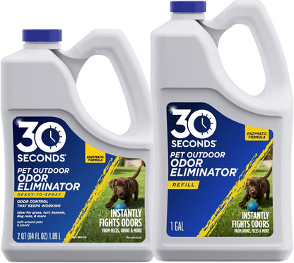 Outdoor Odor Eliminator for Pets, Dogs, For Grass, Turf, Lawns, Kennels & Dog runs, Enzyme Cleaner and Concentrate Refill Value Bundle (64 Oz Ready to Use & 1 Gallon Refill Bottle)