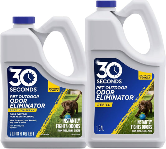 Outdoor Odor Eliminator for Pets, Dogs, For Grass, Turf, Lawns, Kennels & Dog runs, Enzyme Cleaner and Concentrate Refill Value Bundle (64 Oz Ready to Use & 1 Gallon Refill Bottle)