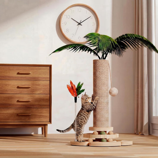 Areca Palm Cat Scratching Post Cat Scratcher Tower with 2-Layer Ball Tracks