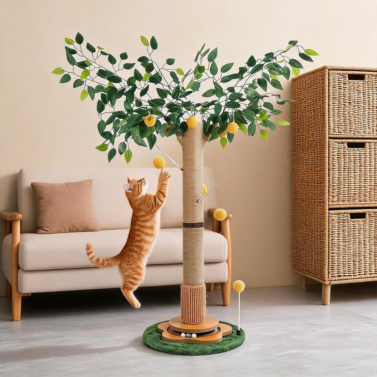 Areca Palm Cat Scratching Post Cat Scratcher Tower with 2-Layer Ball Tracks