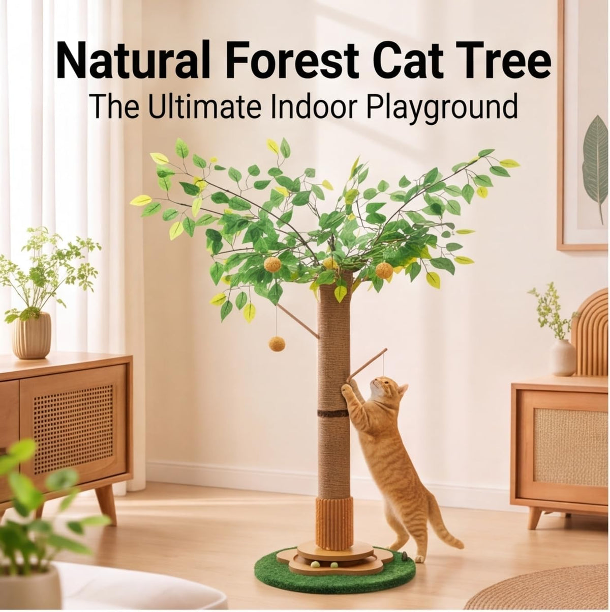Areca Palm Cat Scratching Post Cat Scratcher Tower with 2-Layer Ball Tracks